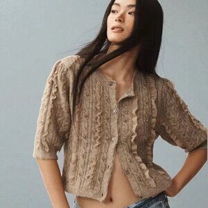 NWT Anthropologie Maeve Short-Sleeve Embellished Ruffled Cardigan Sweater